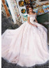 Off Shoulder Blush Pink Lace Tulle Princess Wedding Dress